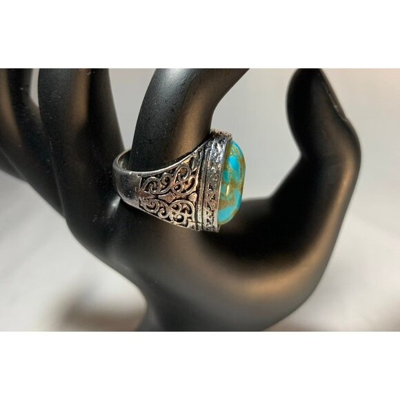 Vintage Silver Tone Ring With Blue & Gold Swirl Oval Stone - Picture 2 of 2